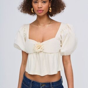 $169 NWT Ivory For Love And Lemons “Valencia” Puff Sleeve Crop Top Sz Medium